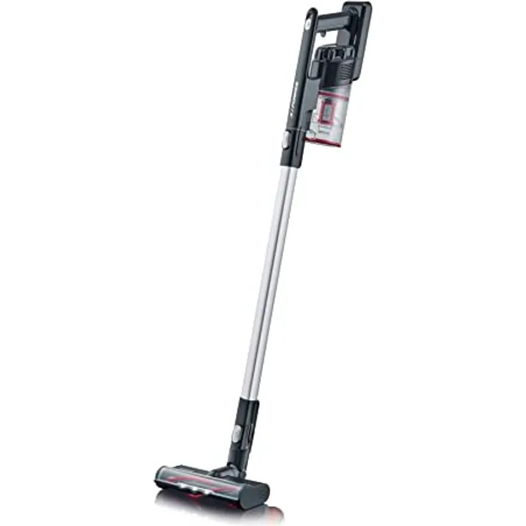 SEVERIN 2-in-1 Stiel- und Handstaubsauger, Akku Staubsauger mit bis zu 40 Min. Laufzeit, kabelloser Staubsauger mit High-Speed Elektrobürste mit LED Beleuchtung, schwarz/rot, HV 7154