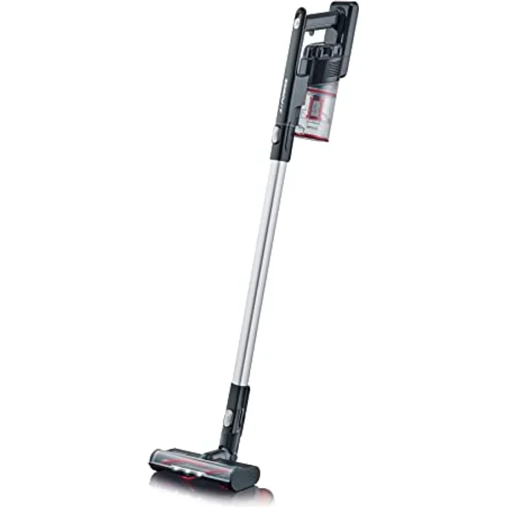 SEVERIN 2-in-1 Stiel- und Handstaubsauger, Akku Staubsauger mit bis zu 40 Min. Laufzeit, kabelloser Staubsauger mit High-Speed Elektrobürste mit LED Beleuchtung, schwarz/rot, HV 7154 – Bild 1