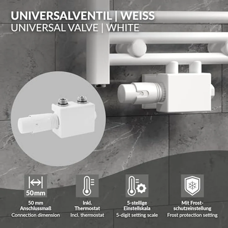 LuxeBath Ventil-Armaturen Set Multiblock Weiß, Universal Eck- und Durchgangsform mit Thermostatkopf für Badheizkörper, 50mm Mittelanschluss – Bild 4
