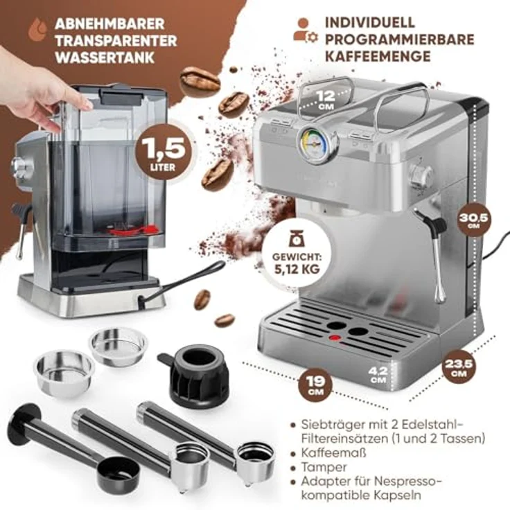 ProfiCook Espressomaschine PC ES 1267 | Profi-Espressopumpe 20 bar | für Kaffeepulver und Nespresso kompatible Kapseln | Siebträger | Edelstahldampfdüse | inkl. Zubehör, Silber – Bild 5
