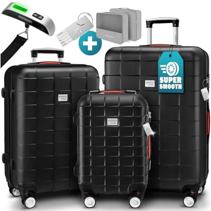 Monzana 3tlg. Kofferset TSA Schloss Organizer Kofferwaage Gurt Gel-Griffe Zwillingsrollen Standfüße Trolley Reisekoffer Hartschalen Koffer M-L-XL in Schwarz