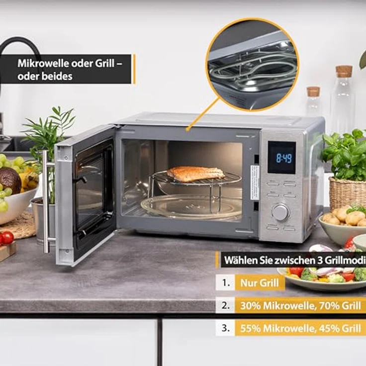 TZS FIRST AUSTRIA Mikrowelle FA-5002-3 mit Grill, Standgerät, 20 Liter Garraum, 700 Watt, Edelstahl, silber – Bild 3