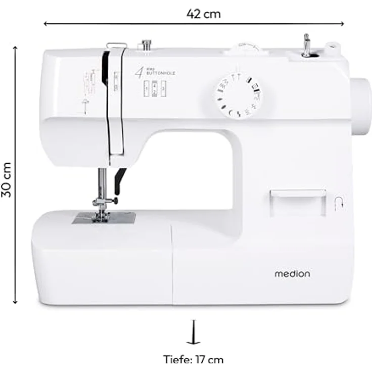 Medion® Freiarm-Nähmaschine MD 11179, 12 Stichmuster, 4 Schritte Knopfloch, 12 Programme, Vertikales Spulsystem, LED Nählicht, Integrierter Fadenschneider, Weiß – Bild 5