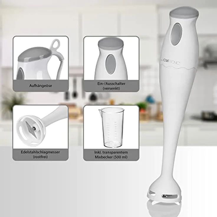 Clatronic Stabmixer/Pürierstab/Blender/Stab-Mixer/Stick/Mixstab SM 3577; Edelstahl-Schlagmesser; für Smoothie, Kürbispüree, Babybrei, Milchshake; mit Mixbehälter (500 ml); 180 Watt; weiß – Bild 4