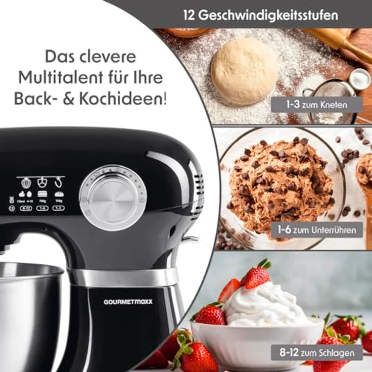 GOURMETmaxx Küchenmaschine & Rührgerät | Multifunktionale Küchenhilfe inkl. Rührschüssel und Aufsätze | Leistungsstarker Mixer mit Schneebesen und mehr | Elektrische Knetmaschine [schwarz] - Preisvergleich – Bild 4