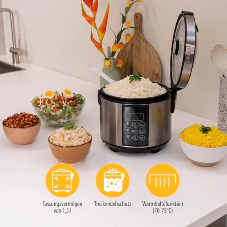 Tristar RK-6132 Digitaler Edelstahl Reis- und Multikocher, 1,5 Liter Kapazität, 500 Watt Leistung, Warmhaltefunktion bis 24 h, 7 verschiedene Kochprogramme, Zubehör – Bild 5