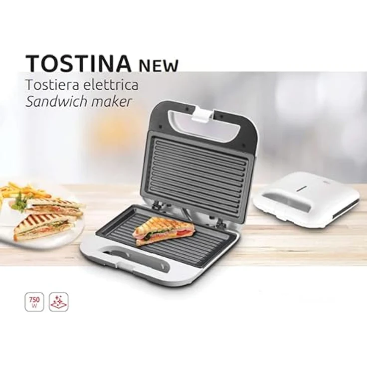 Melchioni family TOSTINA NEW ELEKTRISCHER TOASTER MIT ANTIHAFT-GRILLPLATTEN, Edelstahl, Weiss – Bild 3