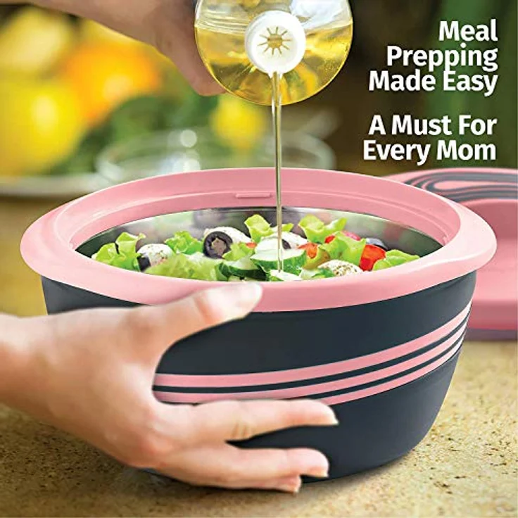 Pinnacle Servierschüssel für Salat - Suppenteller - Thermo-Schüssel mit Deckel - tolle Schüssel für Urlaub, Abendessen und Party 3er Set 3,6 ql, Rosa – Bild 5