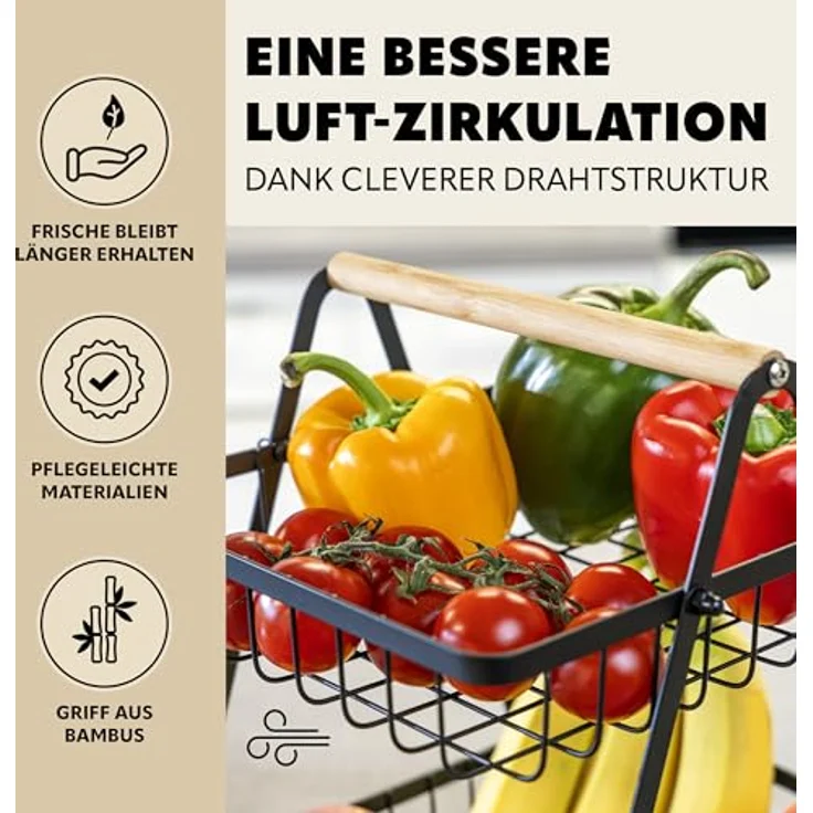 eluno Obstschale 2-stöckige Etagere, Bambus und schwarz, platzsparend und luftdurchlässig – Bild 4