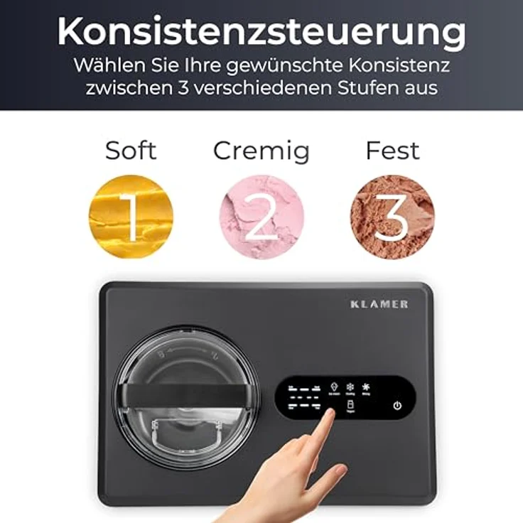 KLAMER 2-in-1 Eismaschine & Joghurtbereiter, 2 L, 220 W mit Edelstahl-Gehäuse, selbstkühlendem Kompressor und Konsistenzsteuerung – Bild 3