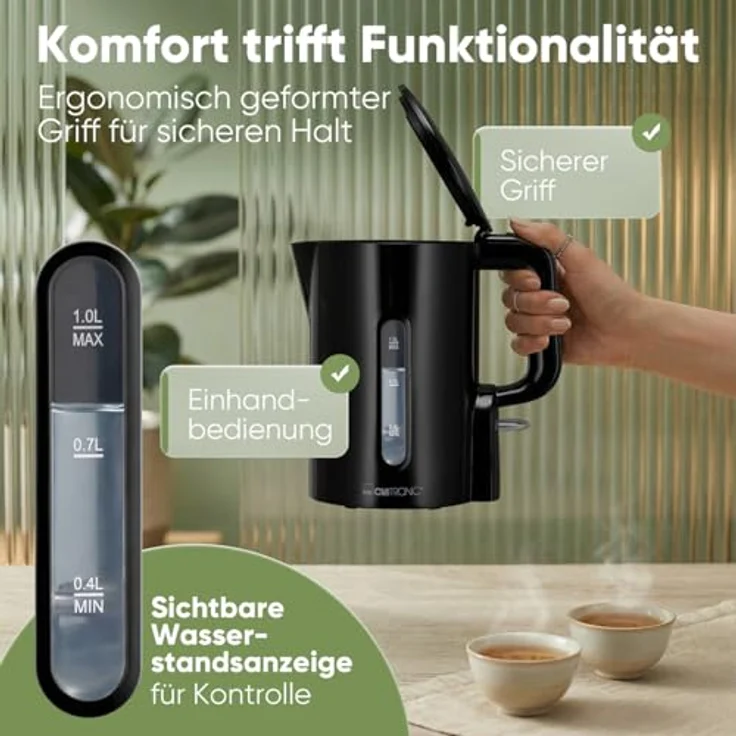 Clatronic WK 3834 Wasserkocher 1L, 900W, BPA-frei, Einhandbedienung, Wasserstandsanzeige, Überhitzungsschutz, schwarz – Bild 4