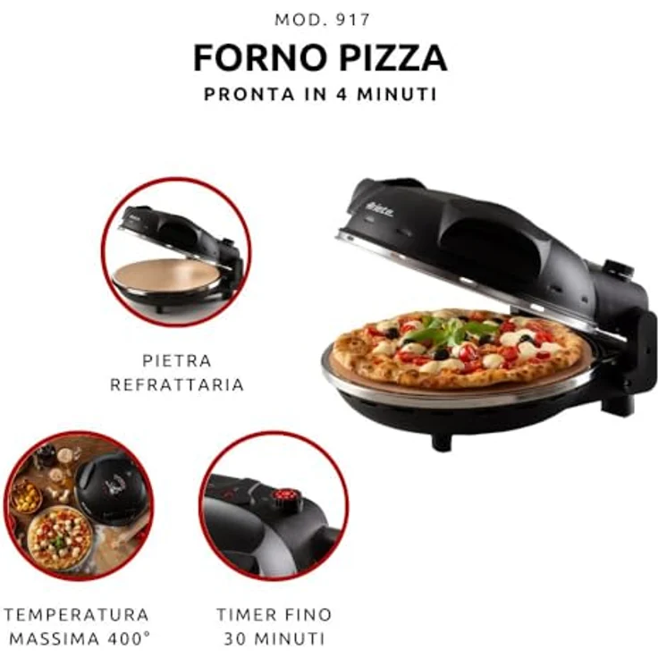 Ariete Minibackofen Pizzaofen, Pizza in 4 Minuten 917 schwarz, Vintage, Style - Heißluft-Minibackofen mit 1200 W Leistung und Oberhitze – Bild 2