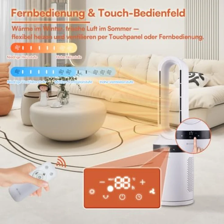 Be Cool BCAnton26 Säulen-Heizlüfter, 2000 Watt 2-in-1 Heizlüfter und Ventilator, weiß mit LED-Touch-Display und Fernbedienung – Bild 3