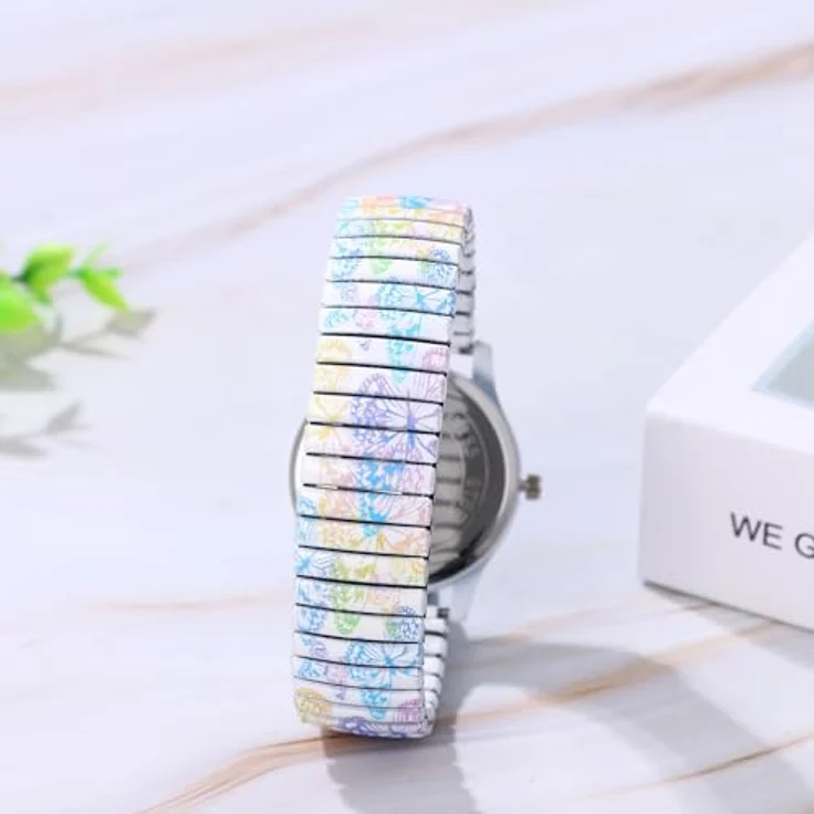 JewelryWe Damen Armbanduhr, Elastisches Edelstahlarmband mit Böhmischen Schmetterling Blumen Druck, Analog Quarz Uhr mit großen arabischen Ziffern, Wasserdicht 1 ATM – Bild 5