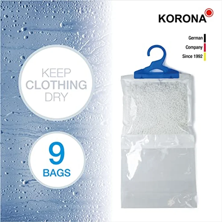 KORONA Luftreiniger Garderoben-Entfeuchter, Set aus 9 Entfeuchterbeuteln mit Aufhängevorrichtung, Ideal für Kleiderschrank Regale und Wohnwagen, Weiß-Blau – Bild 3