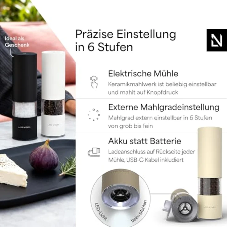 LARS NYSØM Salz- und Pfeffermühle Elektrisch 2er Set aus Edelstahl mit einstellbarem Keramik-Mahlwerk, USB-C wiederaufladbar, Brown/Beige, mit LED-Licht und Krümelschutzdeckel – Bild 2