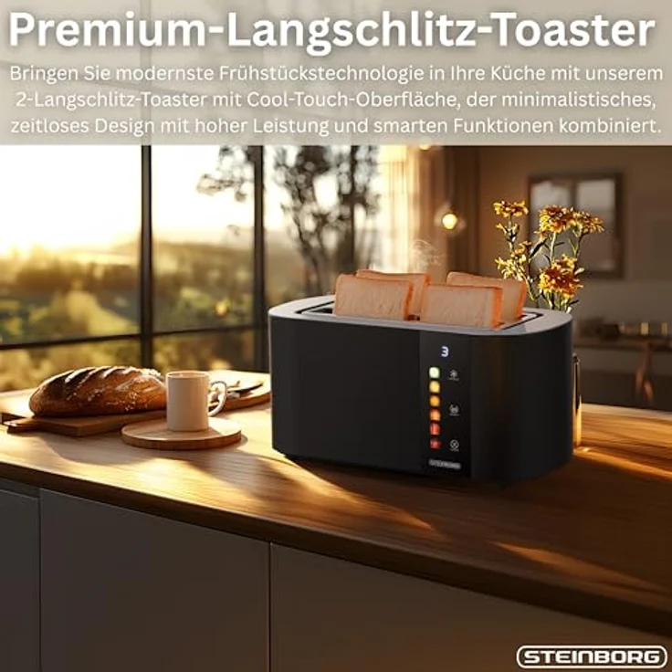 Steinborg® Langschlitz-Toaster 4 Scheiben, Automatik mit Brötchenaufsatz, Cool-Touch Edelstahl, digitales Display, selbstzentrierende Führung, Restzeitanzeige, automatische Abschaltung – Bild 2