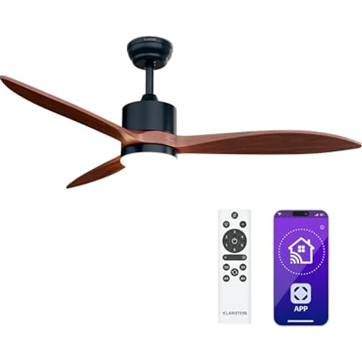 Klarstein SkyBreeze Deckenventilator mit Beleuchtung, IP44 für Außenbereich, Smart Steuerung, 6 Geschwindigkeitsstufen, Dimmbares Licht, 132cm, Walnuss – Bild 1