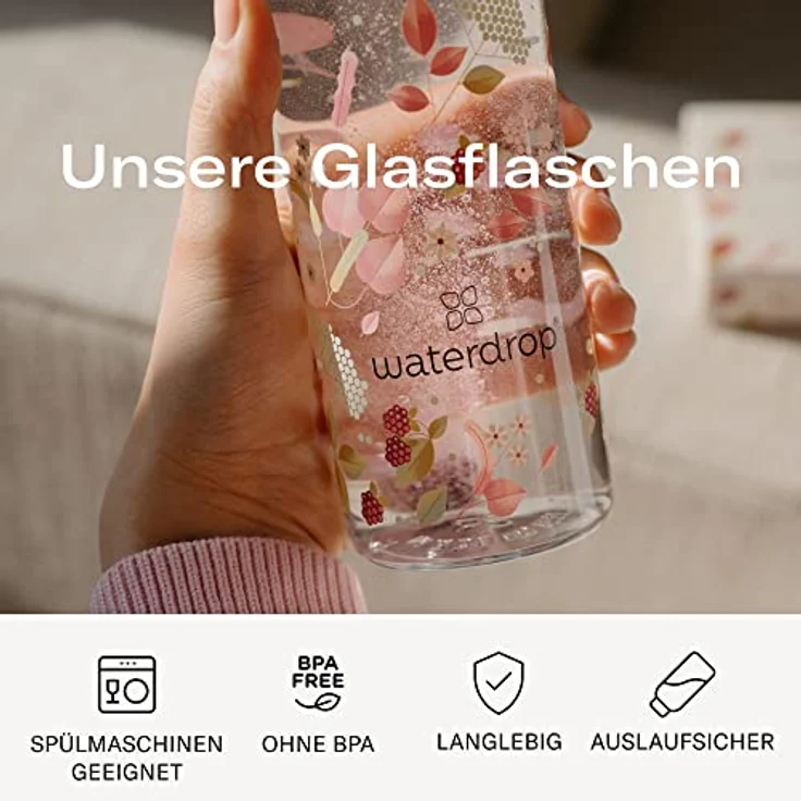 Waterdrop® Edition Glass Bottle 600ml Trinkflasche Glas auslaufsicher, Kohlensäure geeignet | BPA freie Wasserflasche inkl. Neoprenhülle | Spülmaschinenfeste, Leichte Borosilikat Glasflasche – Bild 2