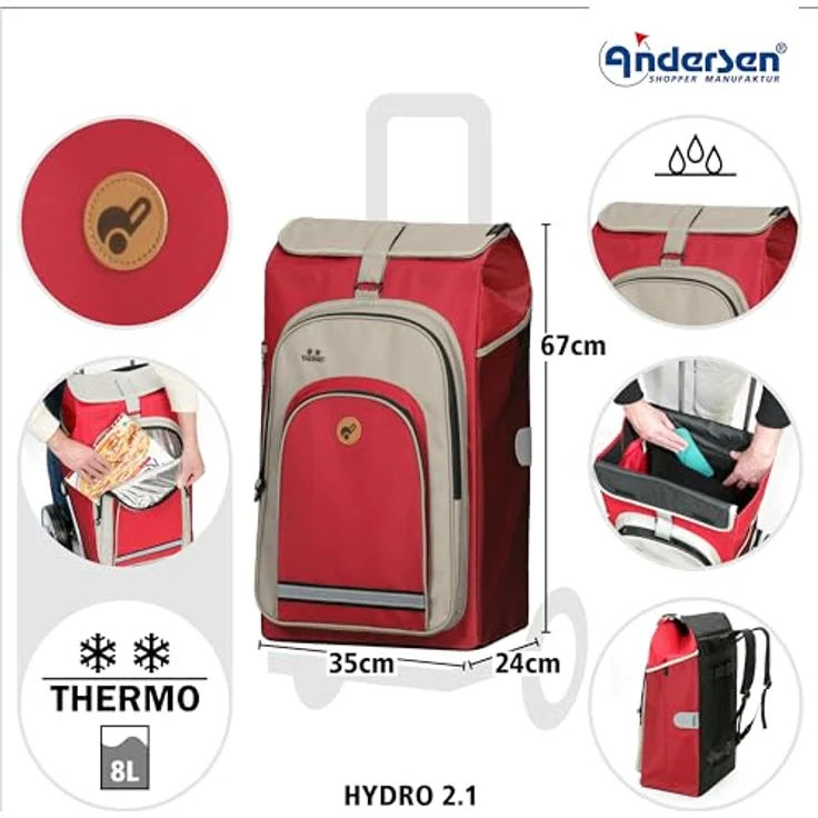 Andersen Einkaufstrolley - Royal Shopper Hydro 2.1 rot 62 L Bike, Einkaufsroller, Rucksack, Thermo, Aluminium, klappbar, Kugellagerad – Bild 3