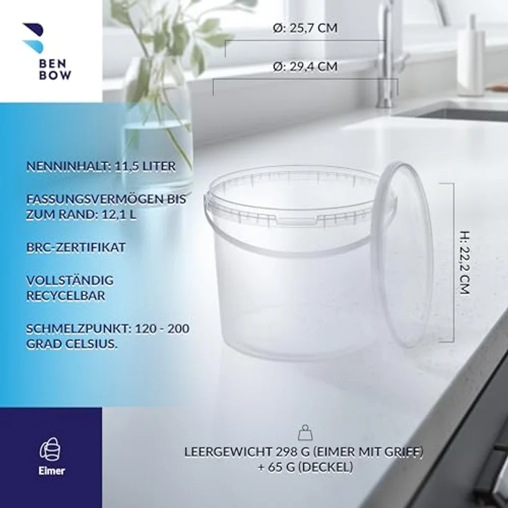 BenBow Eimer mit Deckel 10l transparent 1x 10 Liter - lebensmittelecht, stabil, luftdicht - Aufbewahrungsbehälter aus Kunststoff, mit Henkel - leer – Bild 2
