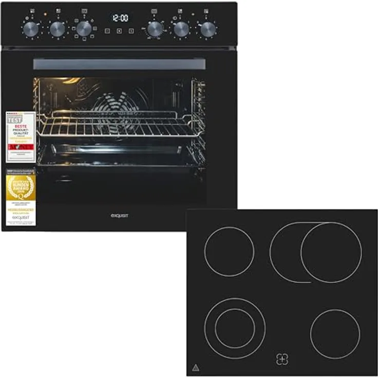 Exquisit EHE5258-UBZ-020 Herd-Set schwarz | Einbauherd mit Umluft & Grill, 75 l, Energieklasse A, 4 Strahlungskochzonen inkl. Bräterzone, Timer, 8550 W