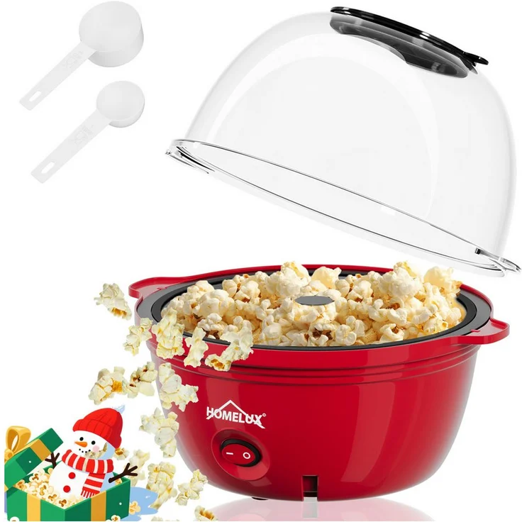 HOMELUX Mini Popcornmaschine 450W, 2-in-1 Popcorn Maker im Retro-Design mit automatischem Rühren und vielseitigem Deckel, rot