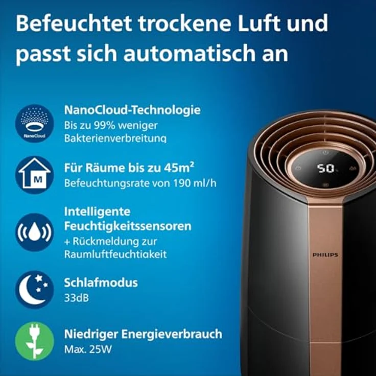 Philips Luftbefeuchter 3000 Serie HU3918-10 (bis zu 45m², hygienische NanoCloud-Technologie, leiser Nachtmodus, Automodus, 3 Liter Wasserbehälter) schwarz – Bild 2