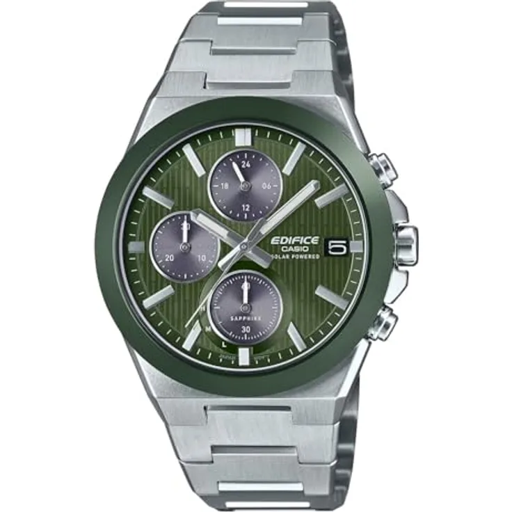 Casio Edifice EFS-S650D-3AEF, Herrenuhr Solar Chronograph mit Edelstahl-Armband und grünem Zifferblatt