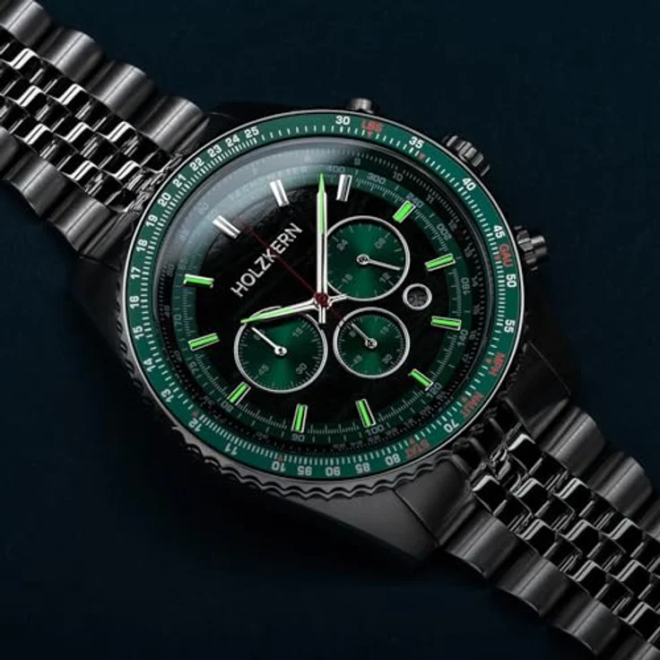 HOLZKERN Chronograph Herrenuhr Openhorizon, Marmor Grün/Silberfarben, Edelstahlband, Stoppuhr, Kalender, Japanisches Quarzwerk – Bild 6