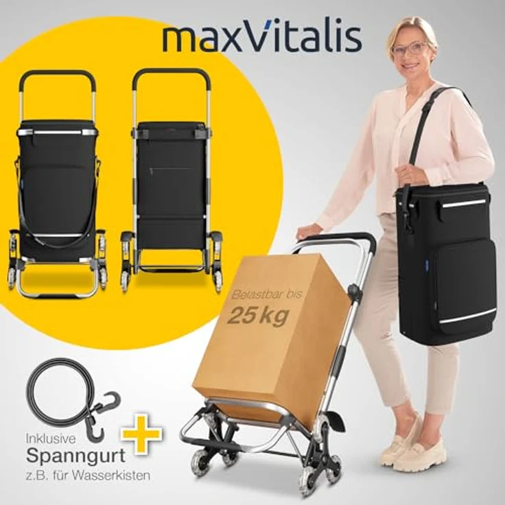 maxVitalis Einkaufstrolley Treppensteiger mit Kühlfach, Einkaufsroller klappbar, Shopping Trolley höhenverstellbar, Reflektoren, abnehmbare Tasche, 43 L, Hackenporsche (Treppensteiger-Trolley) – Bild 9