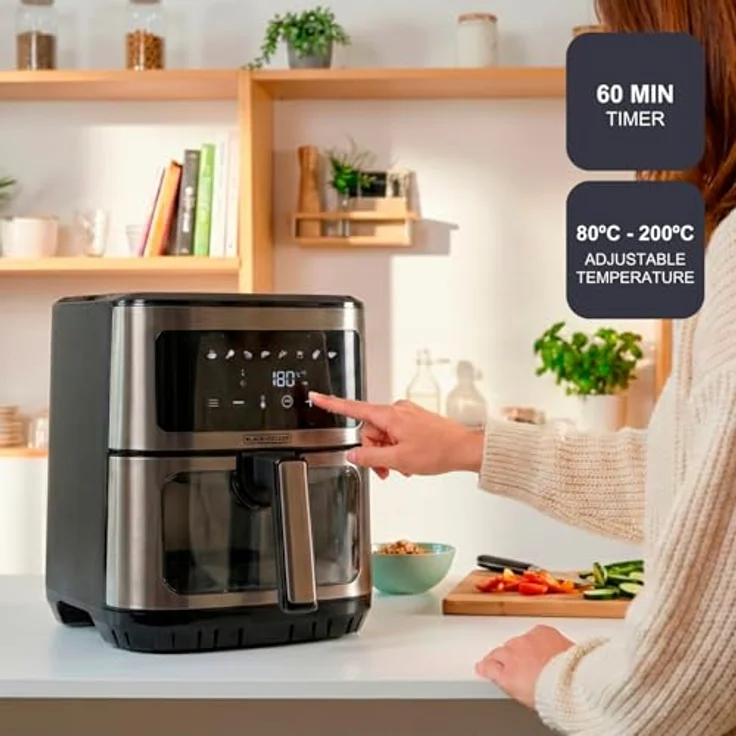 Black+Decker BXAF2501E, Heißluftfritteuse ohne Öl, 1600 W, 6,5 L, 8 Programme, Touchscreen, Temperatur 80–200 °C, Sichtfenster, Timer, Signalton – Bild 4