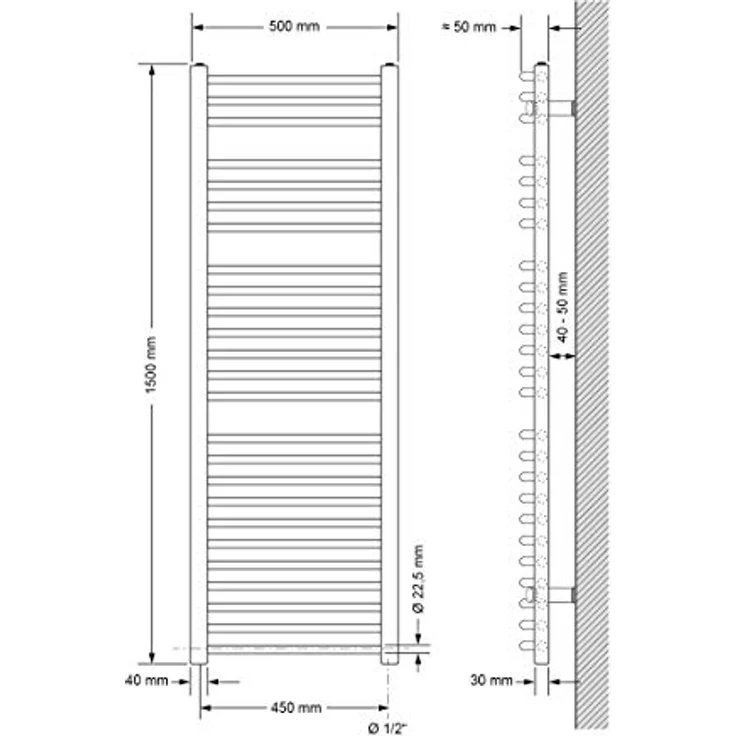 ECD Germany Badheizkörper Elektrisch mit Heizstab 1200W - 500 x 1500 mm - Weiß - gebogen mit Seitenanschluss - Handtuchwärmer Handtuchtrockner – Bild 2