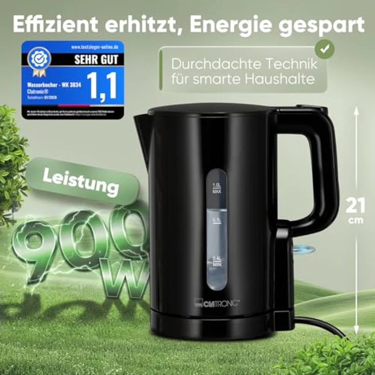 Clatronic WK 3834 Wasserkocher 1L, 900W, BPA-frei, Einhandbedienung, Wasserstandsanzeige, Überhitzungsschutz, schwarz – Bild 2