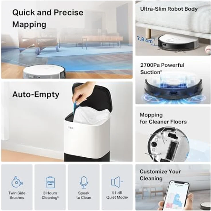 TP-Link Tapo RV20 Mop Plus, MagSlim LiDAR Roboter mit Navigation + Intelligente automatische Entleerungsstation, 2700Pa Starksaugung, 3 Stunden Dauerreinigung – Bild 5