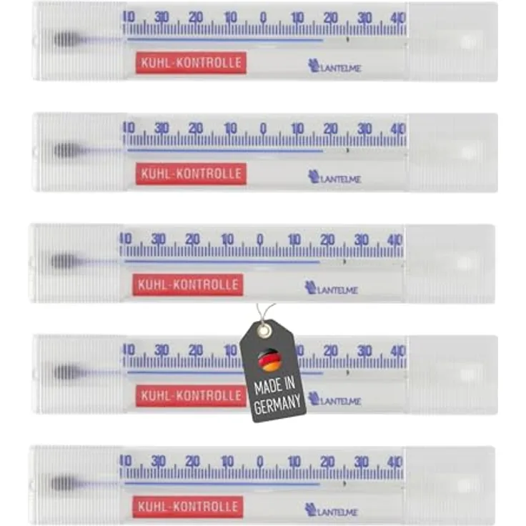 Lantelme Kühlschrankthermometer Set, 5 Stück selbstklebend, analog, Temperaturbereich -40°C bis +40°C, 14 cm lang, Made in Germany