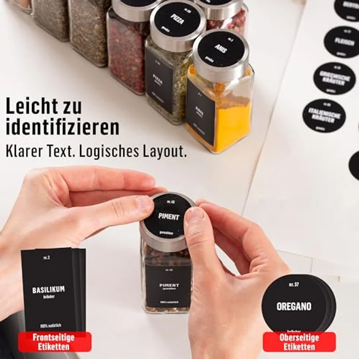 Deco haus® Gewürzgläser eckig, luftdicht 24er Set mit Etiketten & Streueinsatz, lebensmittelecht, inkl. Reinigungsbürste und Silikontrichter – Bild 3
