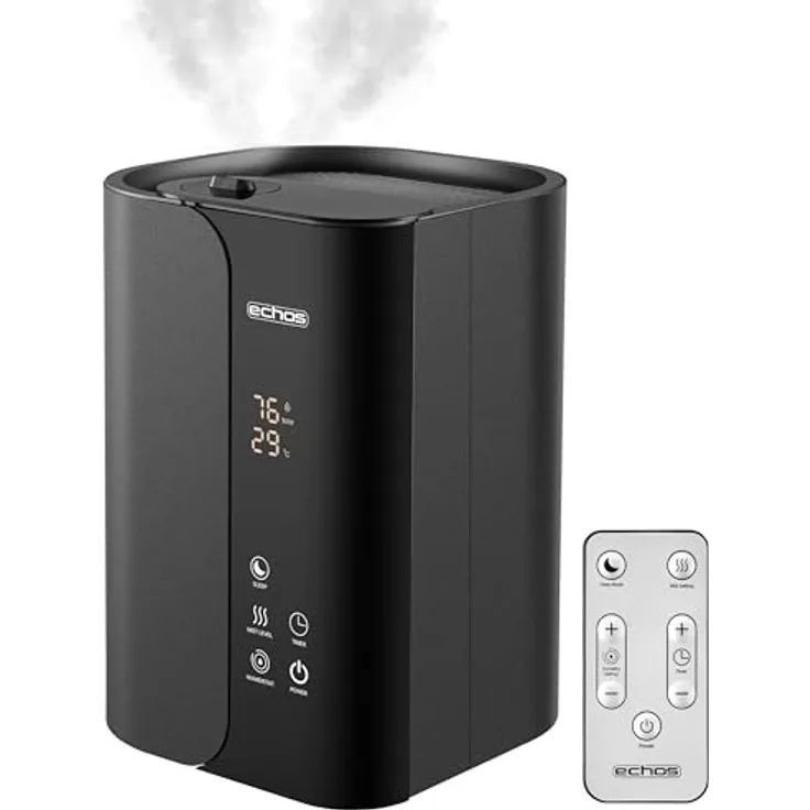 Echos Steinborg® Luftbefeuchter 5 Liter, Ultraschall Vernebler mit Fernbedienung, Hygrometer, LED-Touch-Display, Aroma-Funktion, 350ml/h, Auto-Stop, für Räume bis 50 m²