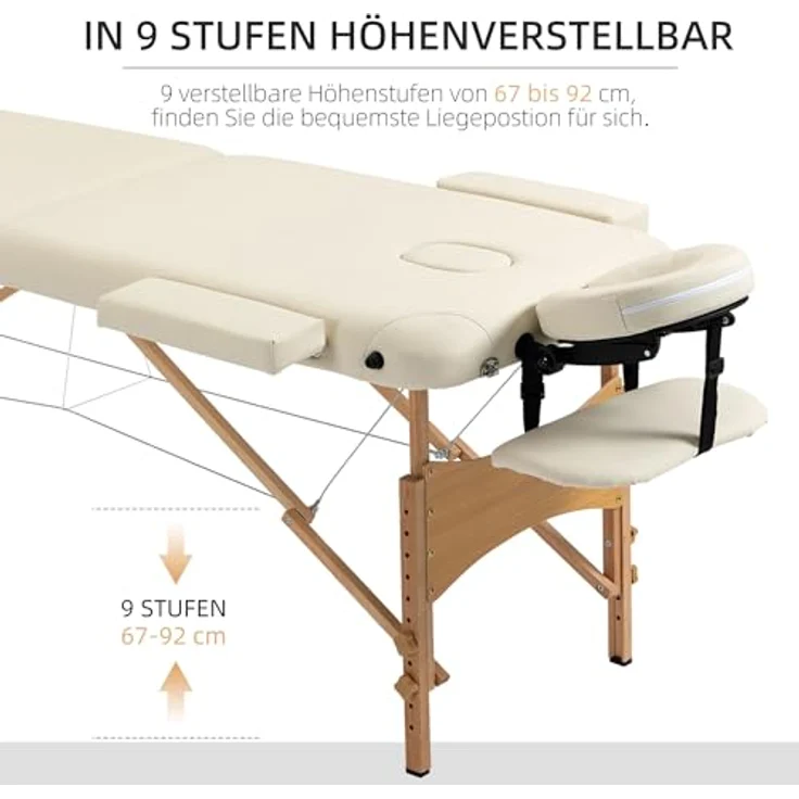 HOMCOM Massagetisch, faltbar, höhenverstellbar, aus Buchenholz, weiß, 182x87x60 cm, bis 250 kg belastbar, inkl. Tragetasche – Bild 3