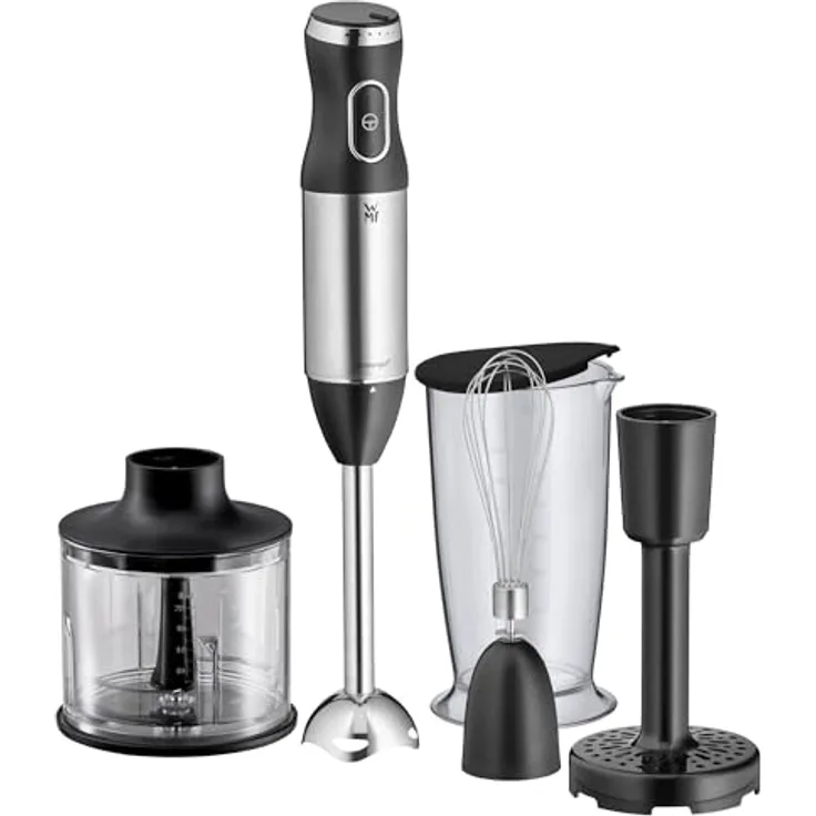 WMF Kult X Stabmixer-Set 3200002007, 600W, 4 Klingen, inkl. Messbecher 700ml, Zerkleinerer-Aufsatz, Schneebesen, Kartoffelstampfer, mit Deckel, schwarz, edelstahl
