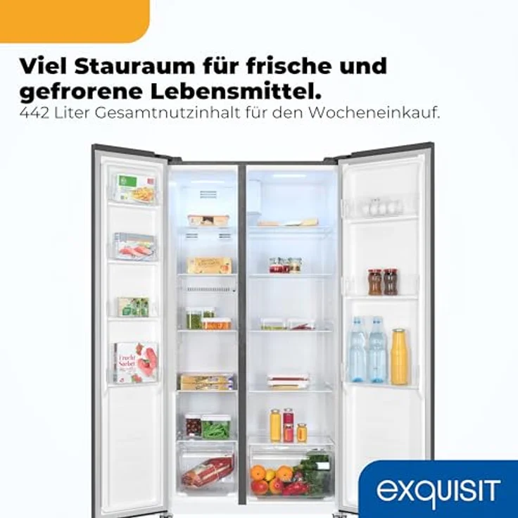 Exquisit SBS546-040D, Side-by-Side Kühlschrank mit Gefrierteil, 442 Liter, 10 Ablagen, No-Frost, LED-Anzeige, 91 cm Breite, anthrazit – Bild 6