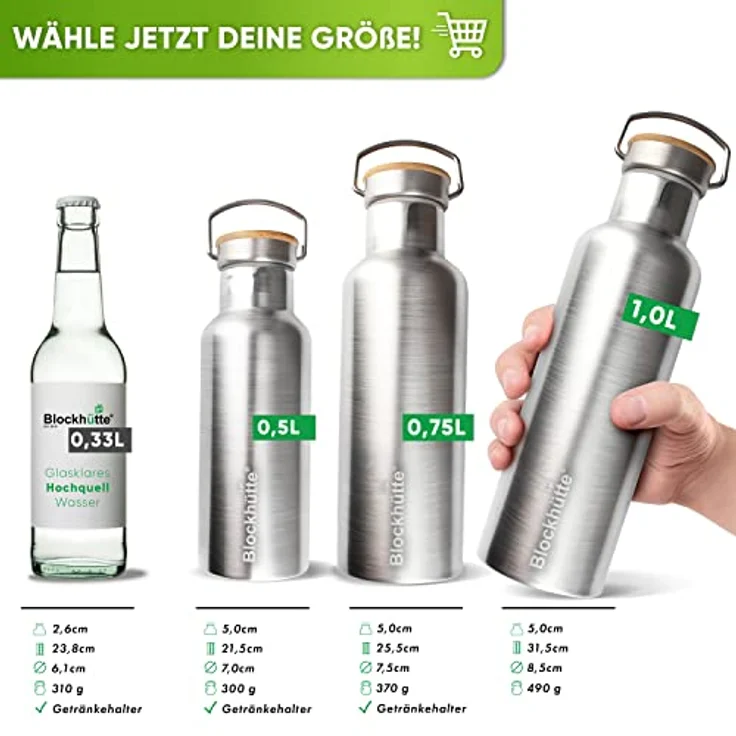 Blockhütte Premium Edelstahl Trinkflasche isoliert I 500ml mit Flaschenbürste I BPA Frei, Kinder und Schule, spülmaschinenfest, auslaufsicher – Bild 4