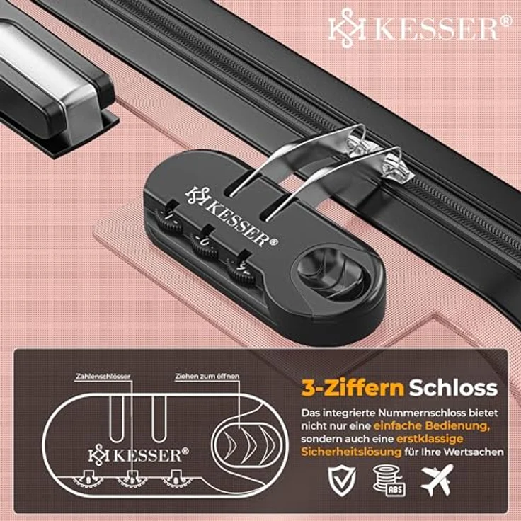 KESSER® Handgepäck Reisekoffer 55L Hartschalen-Koffer mit Kofferwaage, Gepäckanhänger und Zahlenschloss, 4 Rollen, ABS-Hartschale, Teleskopgriff, 55x40x25cm, Himbeerrosa – Bild 3