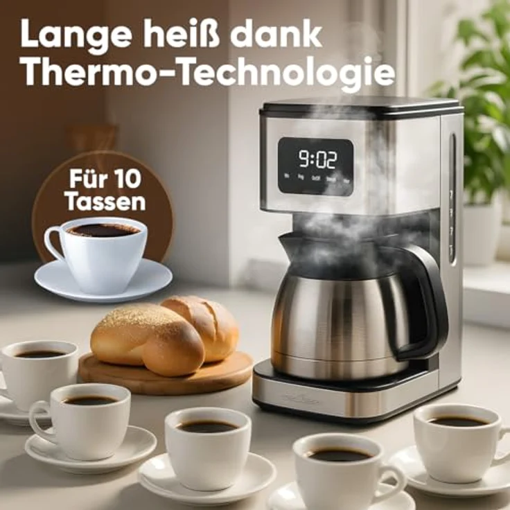 ProfiCook® PC KA 1300, Kaffeemaschine mit Edelstahlgehäuse, für bis zu 10 Tassen, Aromawahl in 3 Stufen, Tropfstopp, Uhrzeit-Anzeige, 900W – Bild 2