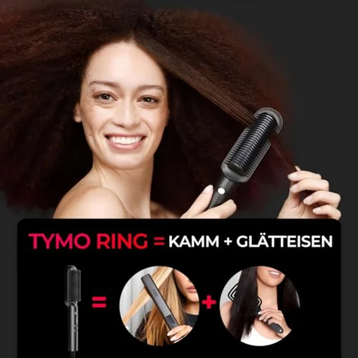 TYMO RING Glättbürste, Verbrühungsschutz Glätteisen, 25s Schneller Keramikerwärmung, 5 Wärmestufen, Schwarz – Bild 2