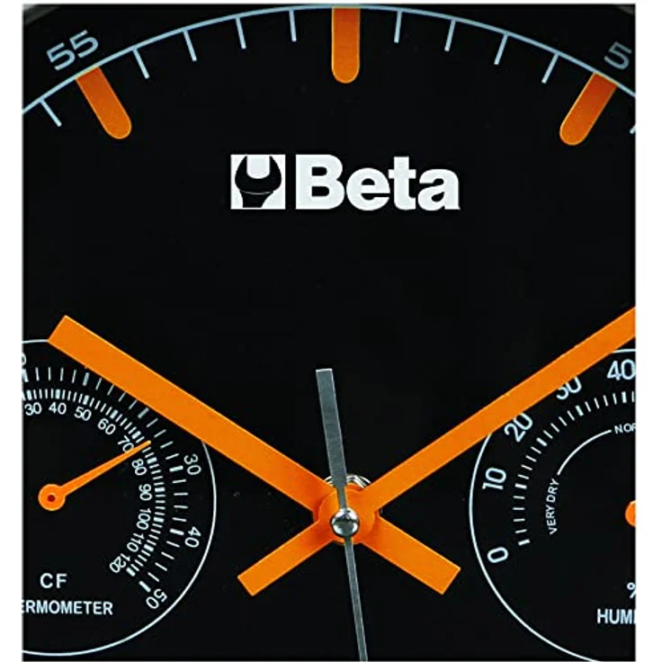 Beta 9594 Wanduhr mit Thermometer und Luftfeuchtigkeitsmesser, Multifunktionale Quarzuhr für die Werkstatt (26 cm Durchmesser, misst Temperatur und Luftfeuchtigkeit), Schwarz/Orange/Silber – Bild 5
