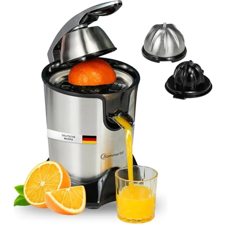 Sommertal Zitruspresse CP850 elektrische Saftpresse inkl. 2 Presskegel, manuelle Handpresse, Orangenpresse Zitronenpresse aus Edelstahl, Juicer Entsafter mit starkem 850W Motor, silber