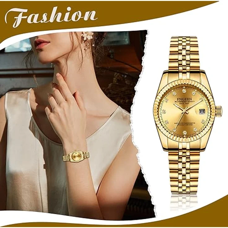 JewelryWe Damen Edelstahl Uhr, analog Quarz mit Datum, wasserdicht, goldfarbenes Zifferblatt und Leuchtzeiger – Bild 3