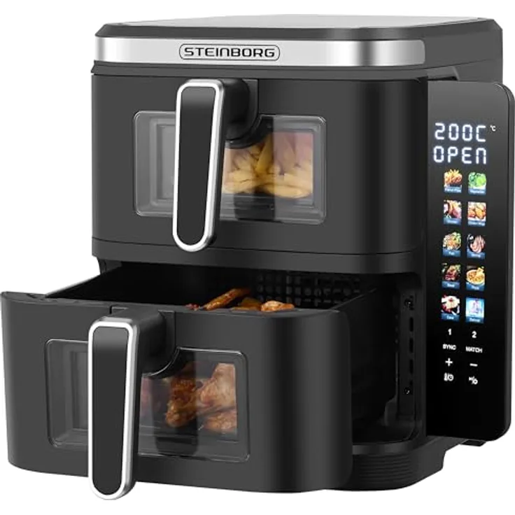 Steinborg® Heissluftfritteuse Doppelkammer 11 Liter, 2 Frittierkammern à 5,5L, 360° Fry Force Technologie, 8 One-Touch-Programme, platzsparendes Design