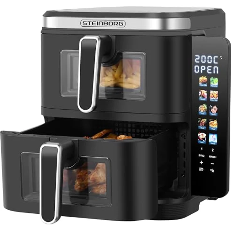 Steinborg® Heissluftfritteuse Doppelkammer 11 Liter, 2 Frittierkammern à 5,5L, 360° Fry Force Technologie, 8 One-Touch-Programme, platzsparendes Design – Bild 1